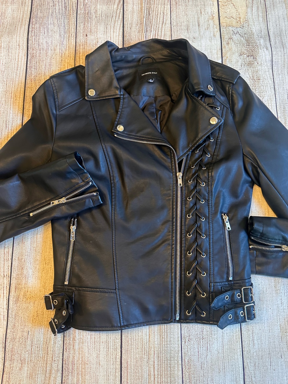 Members Only Black Faux Leather Lace Up Moto Jacket S